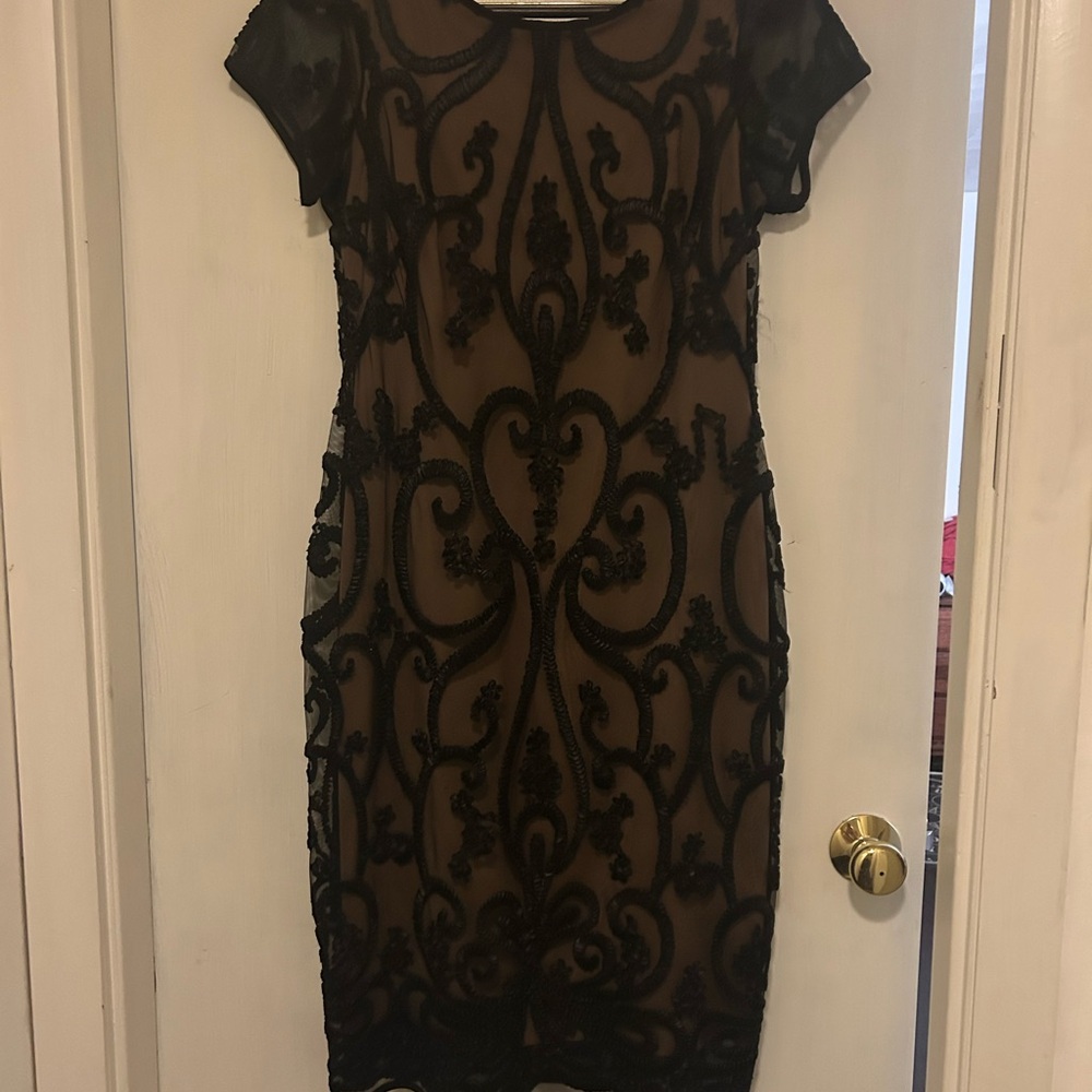 Connected Apparel Black and Tan Cocktail Dress